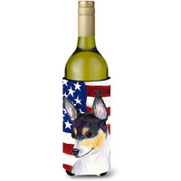 USA American Flag with Fox Terrier Wine Bottle Beverage Insulator Beverage Insulator Hugger