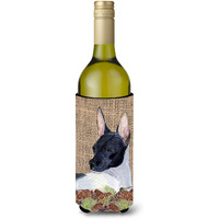 Rat Terrier on Faux Burlap with Pine Cones Wine Bottle Beverage Insulator Beverage Insulator Hugger