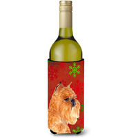 Brussels Griffon Red and Green Snowflakes Holiday Christmas Wine Bottle Beverage Insulator