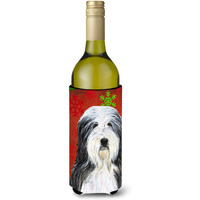 Bearded Collie Red and Green Snowflakes Holiday Christmas Wine Bottle Beverage Insulator