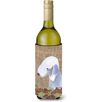 Bedlington Terrier on Faux Burlap with Pine Cones Wine Bottle Beverage Insulator Beverage Insulator Hugger