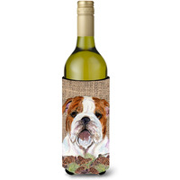 Bulldog English on Faux Burlap with Pine Cones Wine Bottle Beverage Insulator Beverage Insulator Hugger