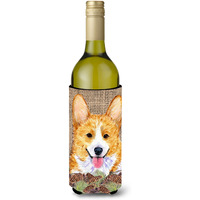 Corgi on Faux Burlap with Pine Cones Wine Bottle Beverage Insulator Beverage Insulator Hugger