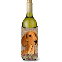 Dachshund on Faux Burlap with Pine Cones Wine Bottle Beverage Insulator Beverage Insulator Hugger
