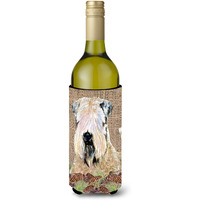 Wheaten Terrier Soft Coated on Faux Burlap Pine Cones Wine Bottle Beverage Insulator Beverage Insulator Hugger