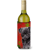 Pug Red and Green Snowflakes Holiday Christmas Wine Bottle Beverage Insulator Beverage Insulator Hugger