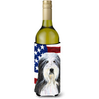 USA American Flag with Bearded Collie Wine Bottle Beverage Insulator Beverage Insulator Hugger