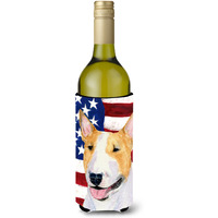 USA American Flag with Bull Terrier Wine Bottle Beverage Insulator Beverage Insulator Hugger