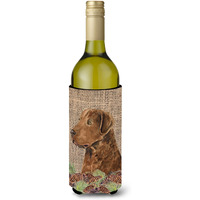 Curly Coated Retriever on Faux Burlap with Pine Cones Wine Bottle Beverage Insulator Beverage Insulator Hugger