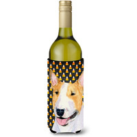 Bull Terrier Candy Corn Halloween Portrait Wine Bottle Beverage Insulator Beverage Insulator Hugger