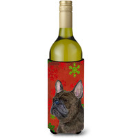 French Bulldog Red and Green Snowflakes Holiday Christmas Wine Bottle Beverage Insulator