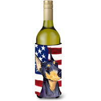 USA American Flag with Doberman Wine Bottle Beverage Insulator Beverage Insulator Hugger SS4022LITERK
