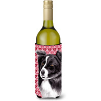Border Collie Hearts Love  Valentine's Day Portrait Wine Bottle Beverage Insulator Beverage Insulator Hugger