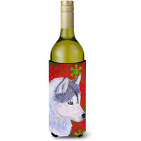 Siberian Husky Red Green Snowflake Holiday Christmas Wine Bottle Beverage Insulator Beverage Insulator Hugger
