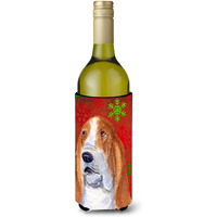 Basset Hound Red and Green Snowflakes Holiday Christmas Wine Bottle Beverage Insulator