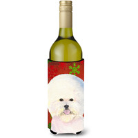 Bichon Frise Red and Green Snowflakes Holiday Christmas Wine Bottle Beverage Insulator