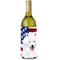 USA American Flag with American Eskimo Wine Bottle Beverage Insulator Beverage Insulator Hugger