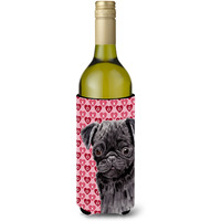 Pug Black Hearts Love and Valentine's Day Portrait Wine Bottle Beverage Insulator Beverage Insulator Hugger