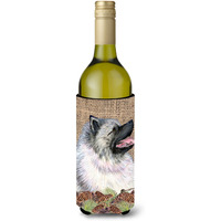 Keeshond on Faux Burlap with Pine Cones Wine Bottle Beverage Insulator Beverage Insulator Hugger