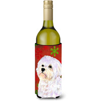 Maltese Red and Green Snowflakes Holiday Christmas Wine Bottle Beverage Insulator Beverage Insulator Hugger