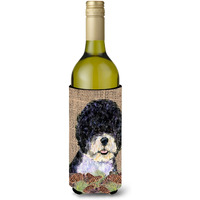 Portuguese Water Dog on Faux Burlap with Pine Cones Wine Bottle Beverage Insulator Beverage Insulator Hugger