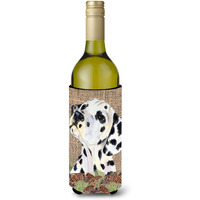 Dalmatian on Faux Burlap with Pine Cones Wine Bottle Beverage Insulator Beverage Insulator Hugger