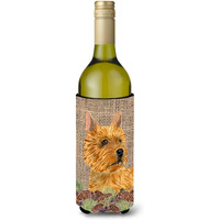 Norwich Terrier on Faux Burlap with Pine Cones Wine Bottle Beverage Insulator Beverage Insulator Hugger
