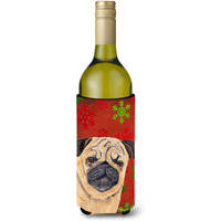 Pug Red and Green Snowflakes Holiday Christmas Wine Bottle Beverage Insulator Beverage Insulator Hugger