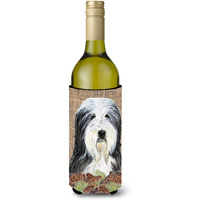 Bearded Collie on Faux Burlap with Pine Cones Wine Bottle Beverage Insulator Beverage Insulator Hugger