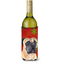 Mastiff Red and Green Snowflakes Holiday Christmas Wine Bottle Beverage Insulator Beverage Insulator Hugger