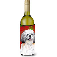 Shih Tzu Red and Green Snowflakes Holiday Christmas Wine Bottle Beverage Insulator Beverage Insulator Hugger