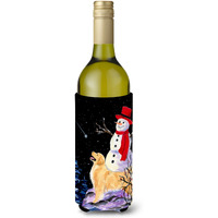 Golden Retriever with Snowman in red Hat Wine Bottle Beverage Insulator Beverage Insulator Hugger SS8579LITERK