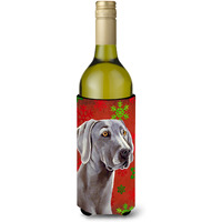 Weimaraner Red and Green Snowflakes Holiday Christmas Wine Bottle Beverage Insulator Beverage Insulator Hugger