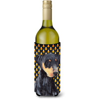 Doberman Natural Ears Candy Corn Halloween Portrait Wine Bottle Beverage Insulator Beverage Insulator Hugger
