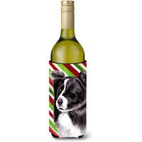 Border Collie Candy Cane Holiday Christmas Wine Bottle Beverage Insulator Beverage Insulator Hugger
