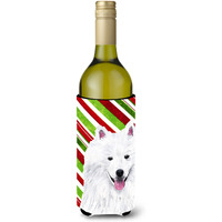 American Eskimo Candy Cane Holiday Christmas Wine Bottle Beverage Insulator Beverage Insulator Hugger
