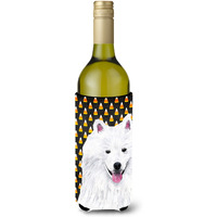 American Eskimo Candy Corn Halloween Portrait Wine Bottle Beverage Insulator Beverage Insulator Hugger