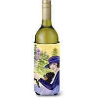 Lady driving with her Pomeranian Wine Bottle Beverage Insulator Beverage Insulator Hugger