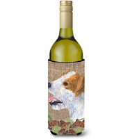 Jack Russell Terrier on Faux Burlap with Pine Cones Wine Bottle Beverage Insulator Beverage Insulator Hugger