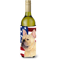 USA American Flag with French Bulldog Wine Bottle Beverage Insulator Beverage Insulator Hugger SS4047LITERK