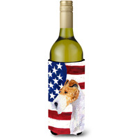 USA American Flag with Fox Terrier Wine Bottle Beverage Insulator Beverage Insulator Hugger SS4057LITERK
