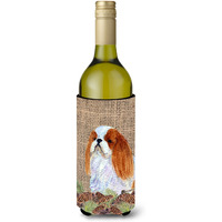 English Toy Spaniel on Faux Burlap with Pine Cones Wine Bottle Beverage Insulator Beverage Insulator Hugger