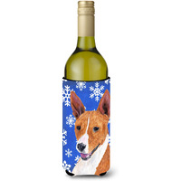 Basenji Winter Snowflakes Holiday Wine Bottle Beverage Insulator Beverage Insulator Hugger