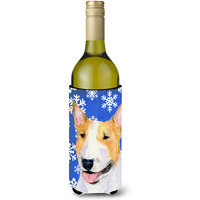 Bull Terrier Winter Snowflakes Holiday Wine Bottle Beverage Insulator Beverage Insulator Hugger