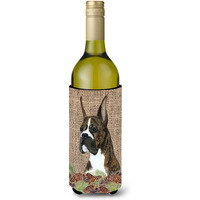 Brindle Boxer on Faux Burlap with Pine Cones Wine Bottle Beverage Insulator Beverage Insulator Hugger