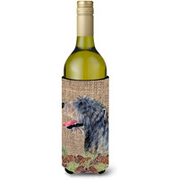 Irish Wolfhound on Faux Burlap with Pine Cones Wine Bottle Beverage Insulator Beverage Insulator Hugger