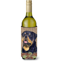Rottweiler on Faux Burlap with Pine Cones Wine Bottle Beverage Insulator Beverage Insulator Hugger