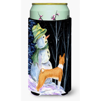 Snowman with Basenji  Tall Boy Beverage Insulator Beverage Insulator Hugger
