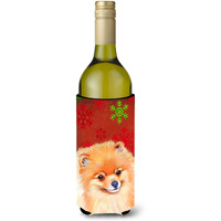 Pomeranian Red and Green Snowflakes Holiday Christmas Wine Bottle Beverage Insulator Beverage Insulator Hugger