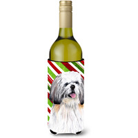 Shih Tzu Candy Cane Holiday Christmas Wine Bottle Beverage Insulator Beverage Insulator Hugger